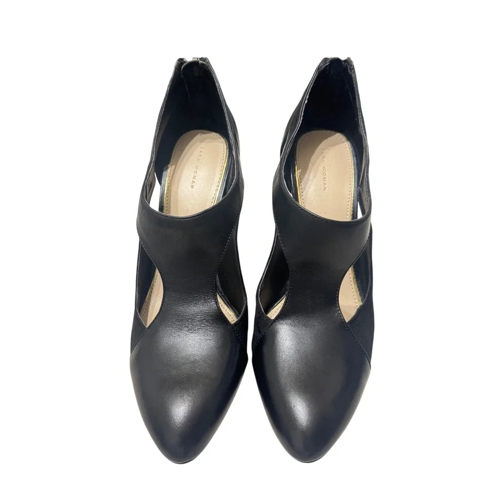 Zara‎ Cut-Out Pumps 8.5 Black  Leather Suede Stiletto Pointed Toe Zip